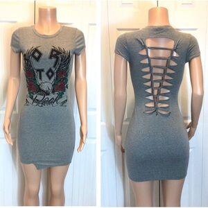 May Pink Born to Rock Short Sleeve Gray Bodycon T-Shirt Dress Size Small